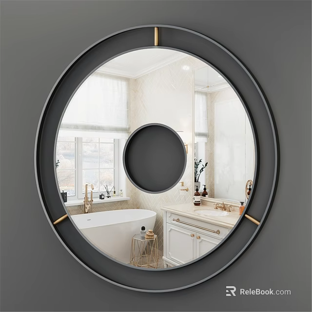 Round Black Framed Mirror in Modern Bathroom with Bathtub Vanity and Marble Walls 3d model 