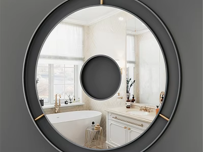Round Black Framed Mirror in Modern Bathroom with Bathtub Vanity and Marble Walls 3d model