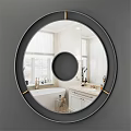 Round Black Framed Mirror in Modern Bathroom with Bathtub Vanity and Marble Walls