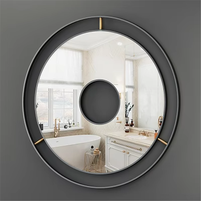 Round Black Framed Mirror in Modern Bathroom with Bathtub Vanity and Marble Walls 3d model