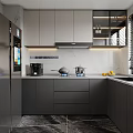 Modern Gray Kitchen Interior With Cabinets Stainless Steel Appliances Marble Countertop Coffee Machine And Fruit