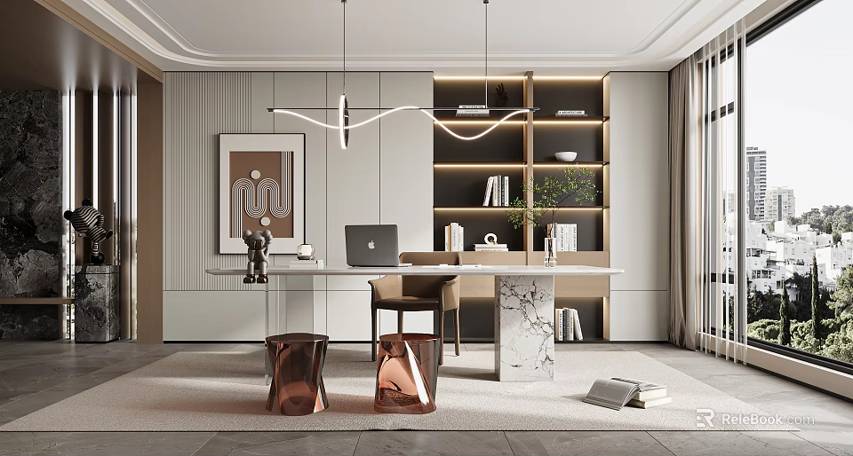 Modern Study Room Interior With Desk Bookshelves And Decor 3d model