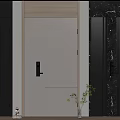 White Minimalist Swing Door With Dark Wood Panels And Marble Wall Decor