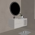 White Bathroom Vanity With Round Mirror Black Faucet Drawers And Green Plant