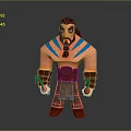 3D Game Character With Muscular Build Blue Stripes Brown Hair Beard And Clenched Fists