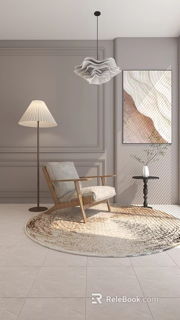 Modern Single Sofa with Wooden Frame Beige Cushion Floor Lamp Artwork and Side Table Rug 3d model 