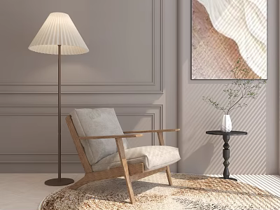 Modern Single Sofa with Wooden Frame Beige Cushion Floor Lamp Artwork and Side Table Rug 3d model