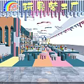 Colorful Toy Sale Store Interior With Rainbow Cloud Decor And Shelves Of Toys And Tables