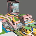 Modern Office Building With Curved Design Green Landscape And Colorful Pathways