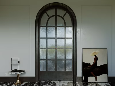 Arched Dark Double Doors With Glass Panels White Walls Marble Floor Side Table And Artwork 3d model