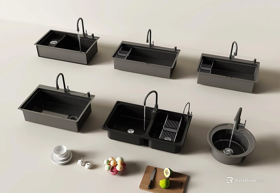Various Designs Black Kitchen Sinks With Faucet Drainer And Accessories 3d model 