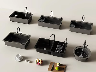 Various Designs Black Kitchen Sinks With Faucet Drainer And Accessories 3d model