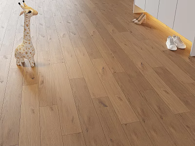 Clean Modern Light Brown Wooden Flooring With Giraffe Toy White Shoes And Cabinets 3d model