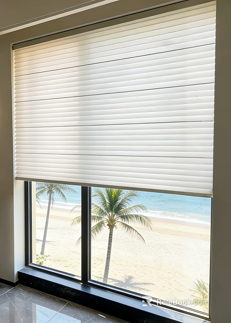 White Roller Blinds On Window With Beach View And Palm Trees 3d model 