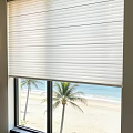 White Roller Blinds On Window With Beach View And Palm Trees