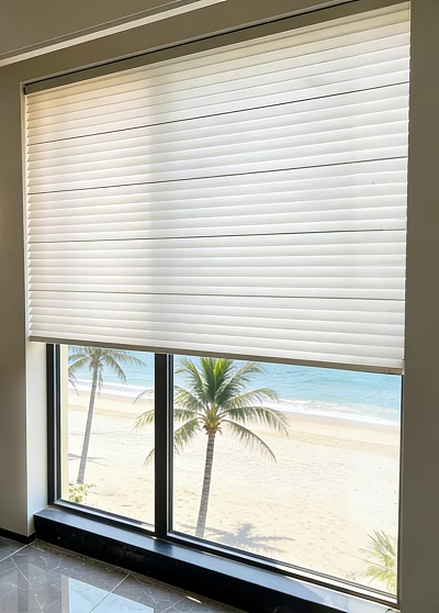 White Roller Blinds On Window With Beach View And Palm Trees 3d model