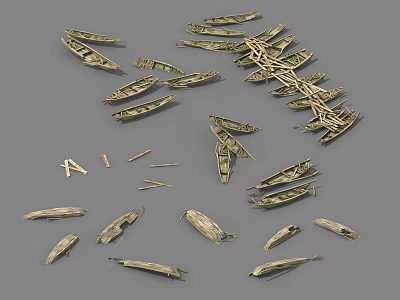 Wooden Boats Scattered With Multiple Parts And Planks On Gray Background 3d model
