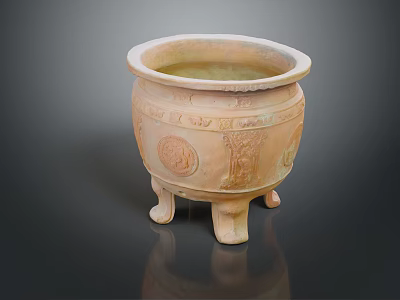 Traditional Earthenware Basin With Three Legs And Carved Patterns For Home Use 3d model