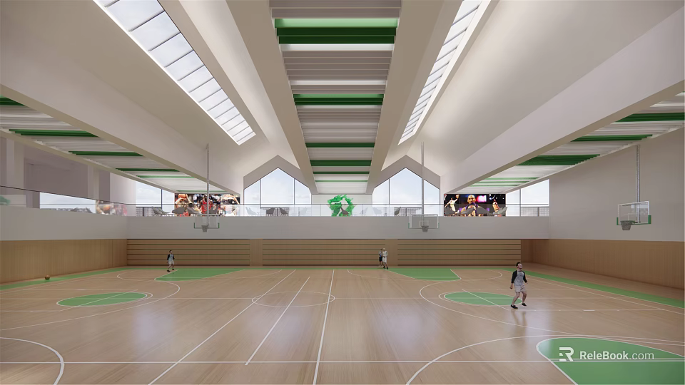 Indoor Basketball Court With Wooden Floor Green Lines And Skylights For Fitness Activities 3d model 
