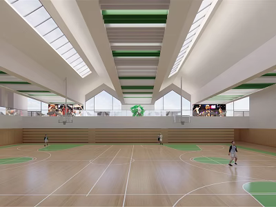 Indoor Basketball Court With Wooden Floor Green Lines And Skylights For Fitness Activities 3d model