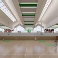 Indoor Basketball Court With Wooden Floor Green Lines And Skylights For Fitness Activities