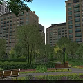 Residential Garden Landscape with High Rise Buildings Lush Trees Benches and Garden Paths
