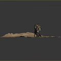 Game Movie Character With Large Blue Yellow Striped Backpack Red Headscarf Standing In Sandy Terrain