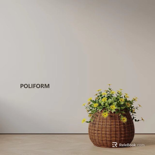 Indoor Bonsai Plant in Woven Basket Featuring Yellow Flowers and Green Leaves 3d model 