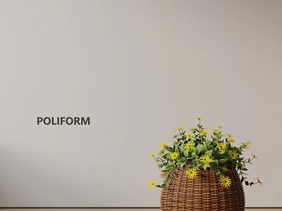 Indoor Bonsai Plant in Woven Basket Featuring Yellow Flowers and Green Leaves 3d model