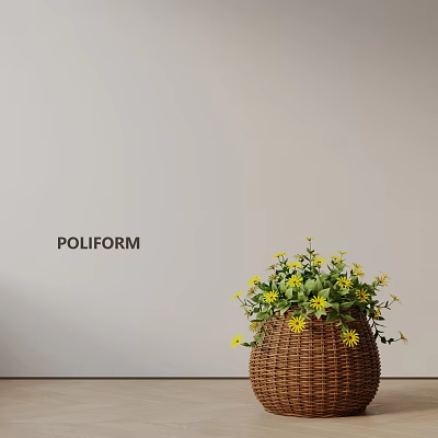 Indoor Bonsai Plant in Woven Basket Featuring Yellow Flowers and Green Leaves 3d model