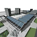 Modern Urban Architecture Exterior With Glass Facade Geometric Roof Tall Buildings Trees And Pedestrians