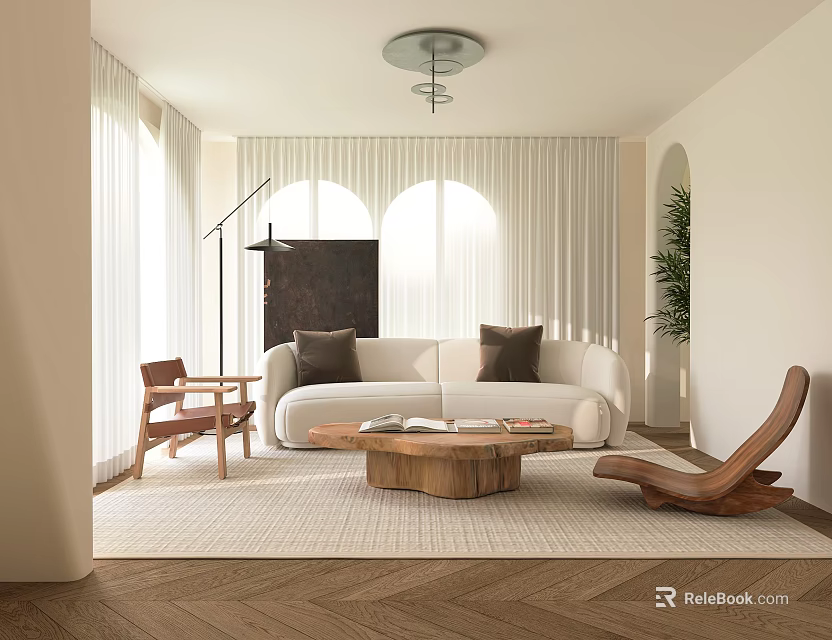 Living Room Interior With White Sofa Dark Cushions Wooden Coffee Table And Arched Windows 3d model 