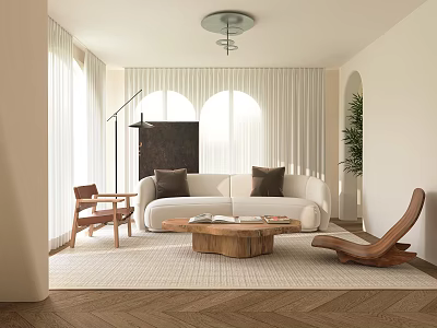 Living Room Interior With White Sofa Dark Cushions Wooden Coffee Table And Arched Windows 3d model