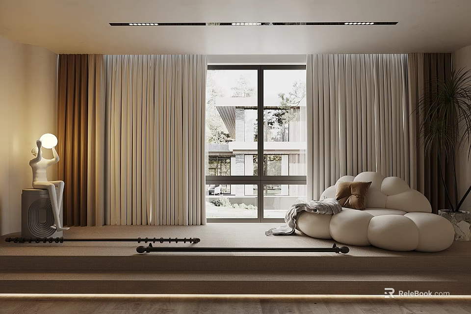 Modern Light Colored Curtains With Large Window And Cloud Sofa In Living Room 3d model 