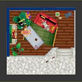 Christmas Themed Indoor Room With Blue Walls Christmas Tree Red Sofa Bookshelf And Snowman Decoration