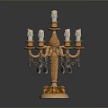 Elegant Ornate Golden Candelabra With Multiple Candles And Crystal Pendants