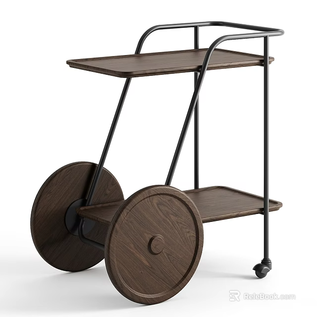 Vintage Serving Cart With Wooden Shelves Black Metal Frame Large Wheels And Small Casters 3d model 