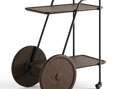Vintage Serving Cart With Wooden Shelves Black Metal Frame Large Wheels And Small Casters 3d model