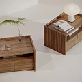 Modern Minimalist Walnut Wood Bedside Tables With Drawers Green Plant White Lamp And Books