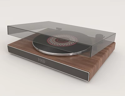 Stylish Turntable Audio Device With Wooden Base Transparent Cover And Patterned Platter 3d model