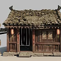Traditional Ancient Chinese Building Featuring Wooden Structure Tile Thatched Roof Red Lanterns And Stone Steps