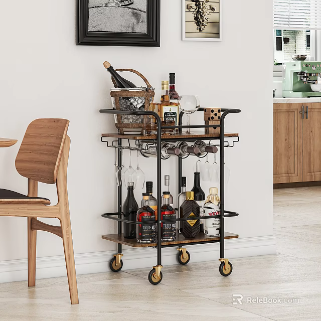 Modern Commercial Wine Cart with Wheels Holding Wine Bottles Glassware and Storage Basket 3d model 