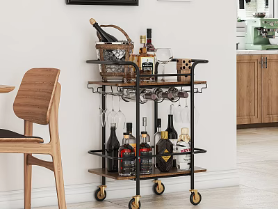 Modern Commercial Wine Cart with Wheels Holding Wine Bottles Glassware and Storage Basket 3d model