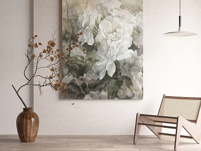 Elegant Watercolor Botanical Painting with White Flowers and Vase Wooden Chair Interior 3d model