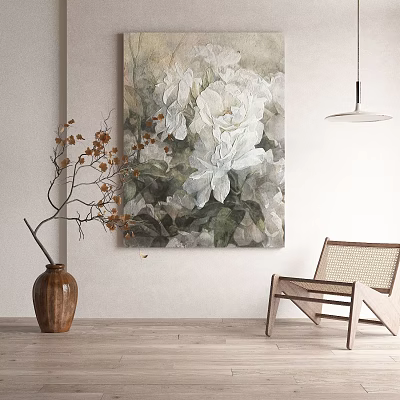 Elegant Watercolor Botanical Painting with White Flowers and Vase Wooden Chair Interior 3d model
