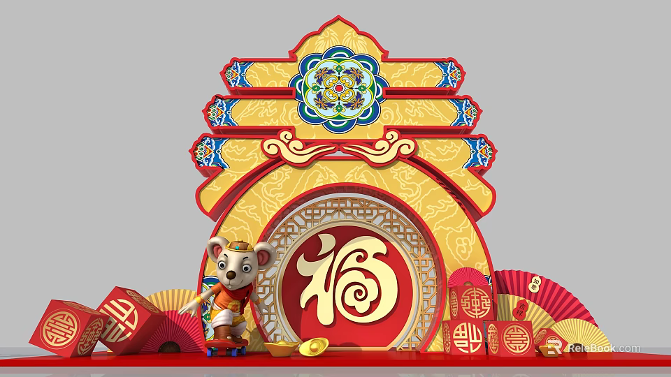 Traditional Chinese New Year Festive Decorations With Fu Character And Rat Figurine 3d model 
