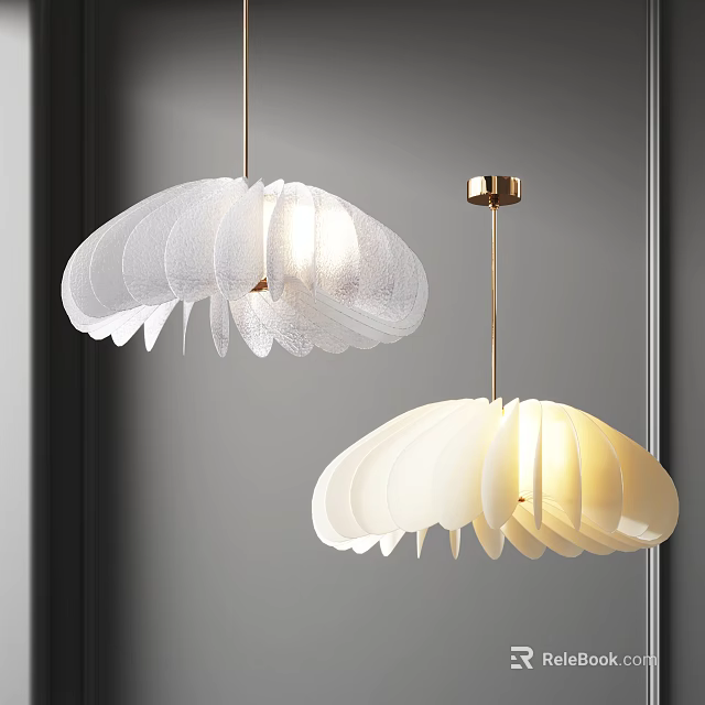 Two Modern White Petal Chandeliers With Golden Brass Hanging Frame For Indoor Decor 3d model 