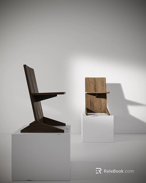 Wooden Single Chair With Modern Minimalist Design On White Pedestal Display Against White Wall Background 3d model 
