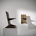 Wooden Single Chair With Modern Minimalist Design On White Pedestal Display Against White Wall Background