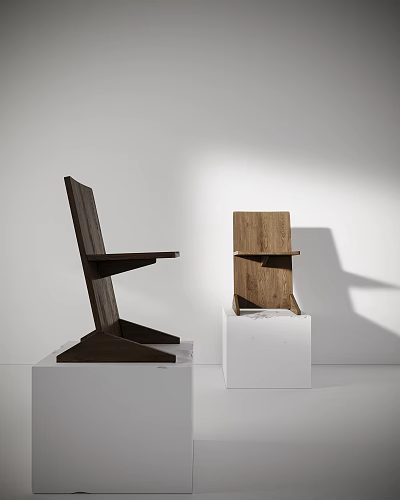 Wooden Single Chair With Modern Minimalist Design On White Pedestal Display Against White Wall Background 3d model